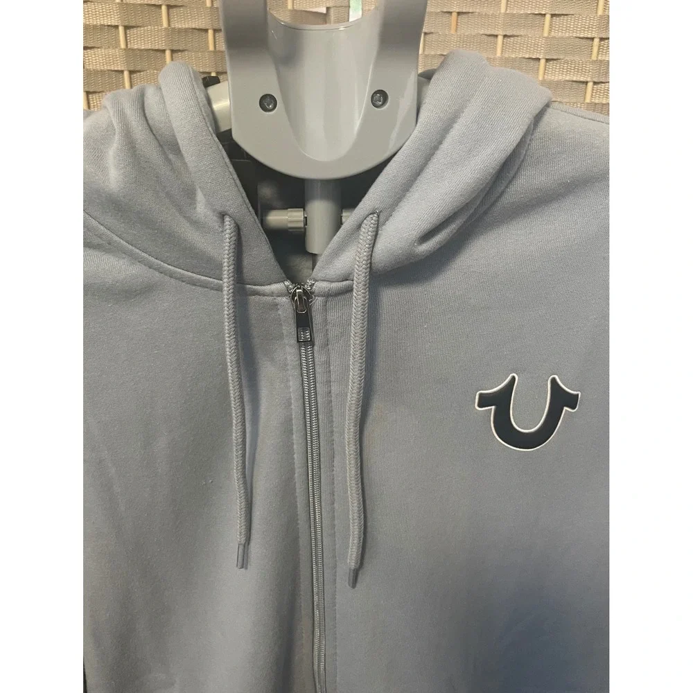 True Religion Mens OBB Full Zip Hoodie Dusty Blue Horseshoe Logo  Large